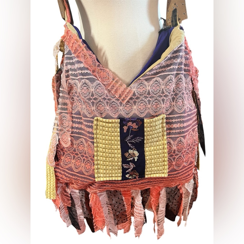 Bohemian Black fringe & Orange Lace Crossbody Bag Multi color embroidered detail - Picture 7 of 17